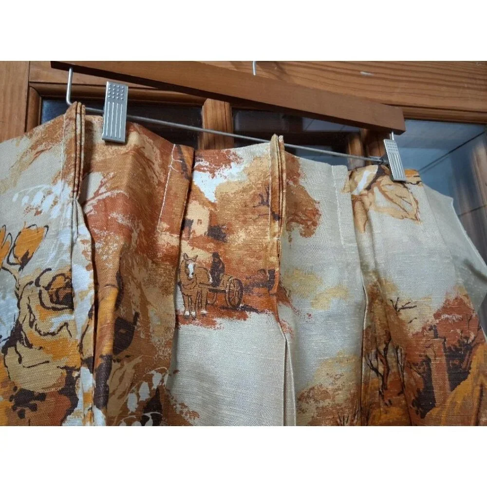 Two Vintage Autumn Landscape Curtain Panels With Cottage & Horse-Drawn Carriage